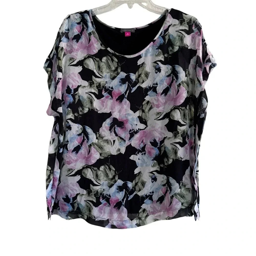 Vince Camuto Floral Top Blouse Short Sleeve Drop Shoulder Pink Blue Black Fairy